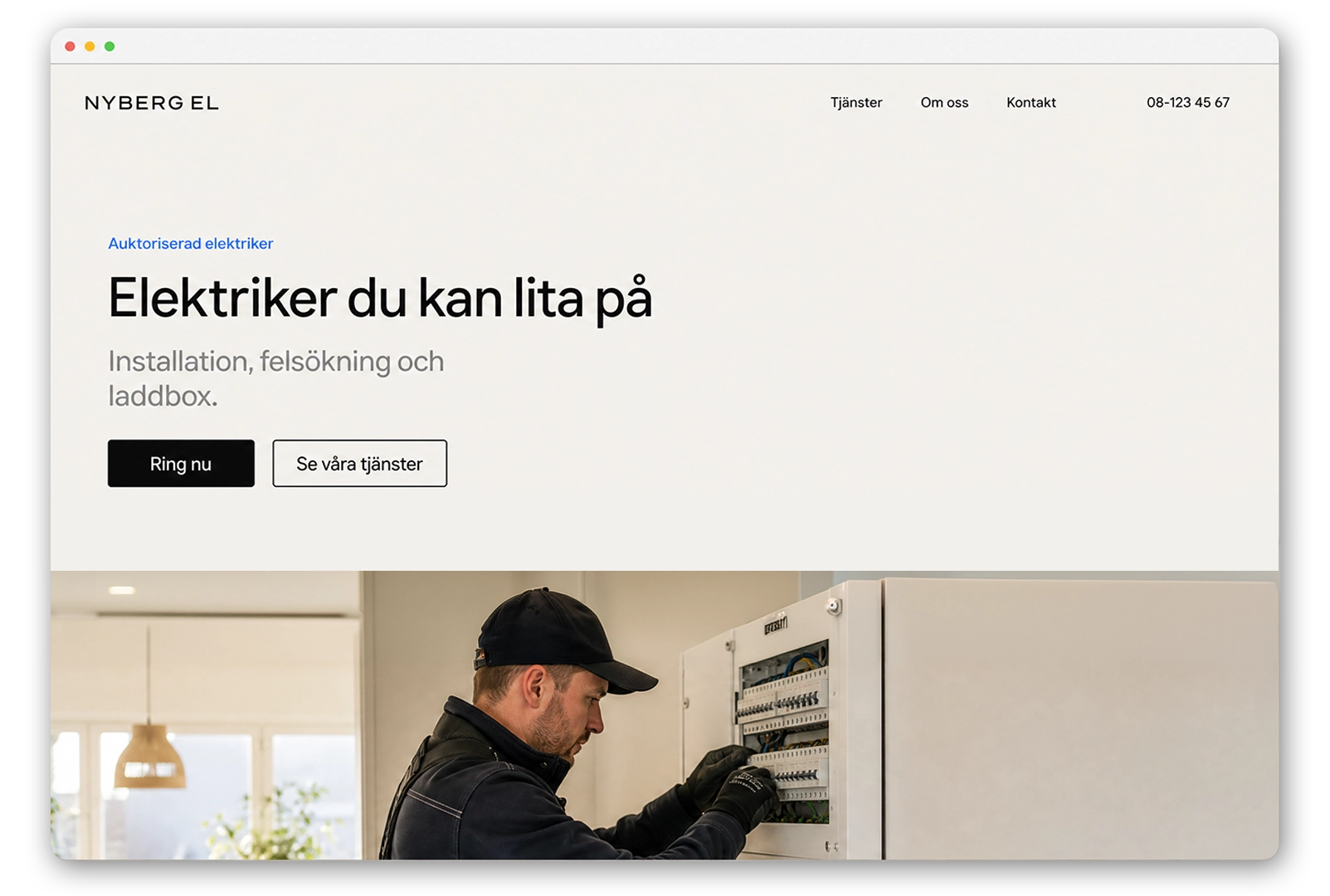 Exempel på hemsida för en elektriker, med tjänster och en ring-knapp högst upp