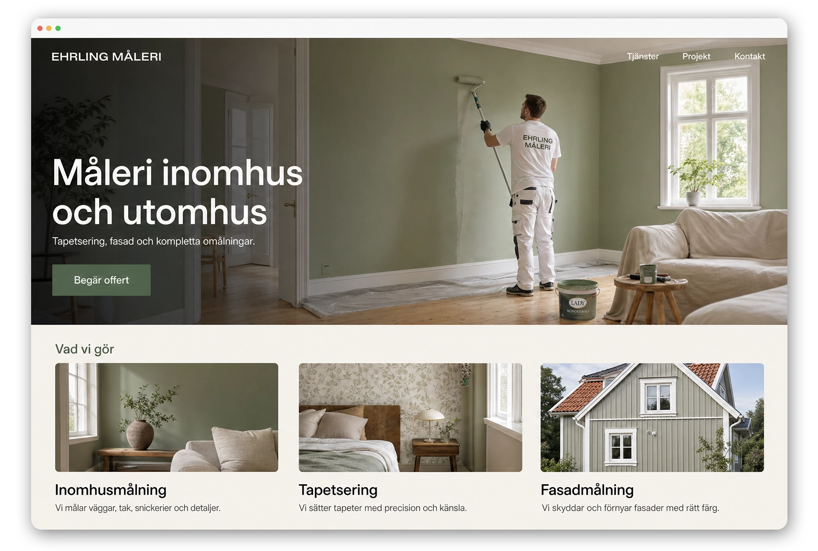 Exempel på hemsida för en målare, med bilder på inomhus- och fasadmålning